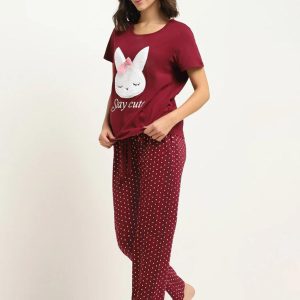Home 2 Pcs Printed Cotton Jersey Women's Night Suit in Maroon
