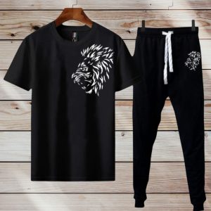 men's polyester printed track suit 2 pcs set in black