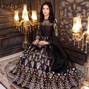 elegant teal katan silk block printed maxi suit 3 pcs set