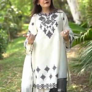 elegant women's stitched embroidered suit 3 pcs in white
