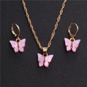 pink butterfly golden chain charm necklace with earrings for girls jewelry elevate your style with this stunning 3 pcs necklace set, beautifully designed in a vibrant pink color and plated in luxurious gold. perfect for any occasion, this easy to wear jewelry piece will add a touch of charm to your outfit. make a statement and stand out with this exquisite accessory designed for women.