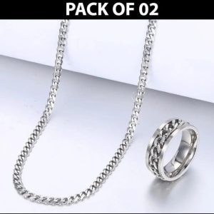 stylish silver necklace set 2 pcs plain design