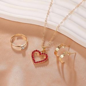 gold plated gemstone necklace set 3pcs red stone heart jewelry set, necklace , ring & earrings
