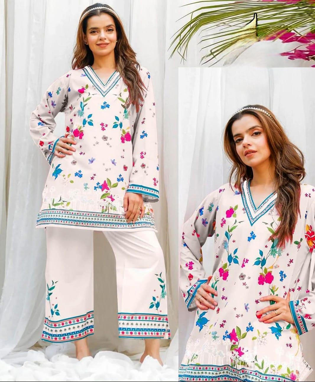 2 pcs women's stitched swiss lawn printed shirt and trouser