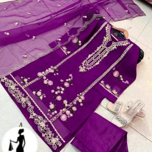 3 pcs women's stitched organza embroidered suit