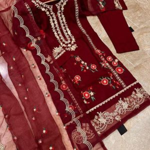 3 pcs women's stitched organza embroidered suit