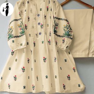 2 pcs women's stitched cotton embroidered shirt and trouser