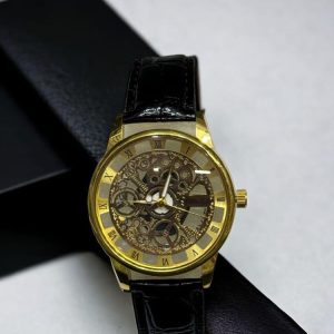 skeleton dial watch for men in leather strap