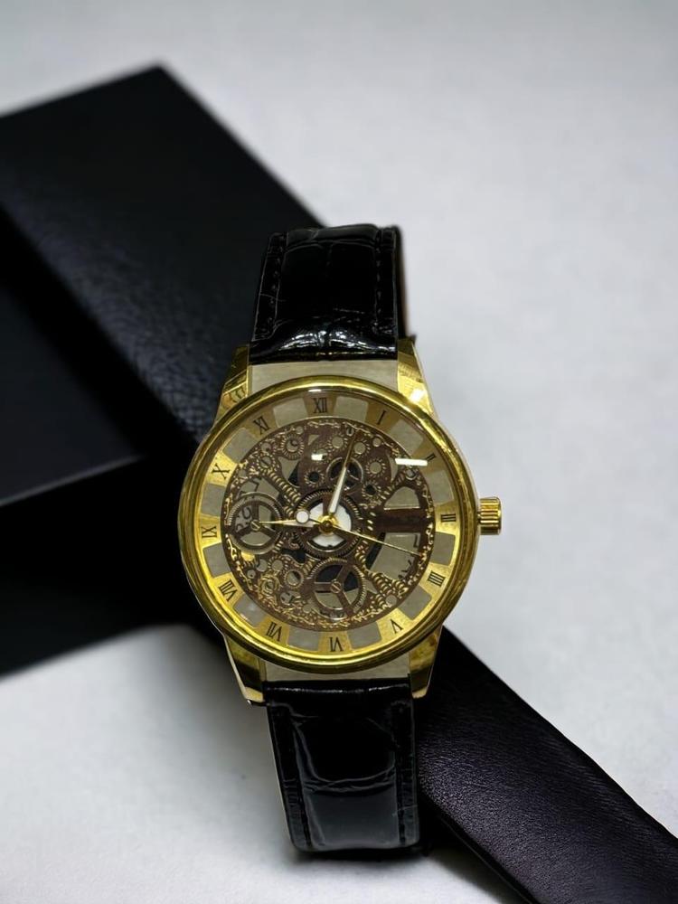 skeleton dial watch for men in leather strap