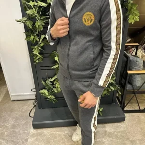 men's fleece zipper track suit 2 pcs plain grey