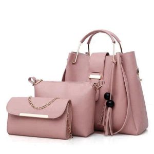 stylish pink leather hand bag set 3 pcs for girls